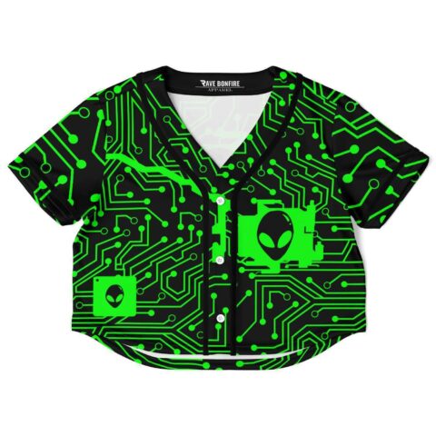 Cropped rave jersey with black and green circuit board design