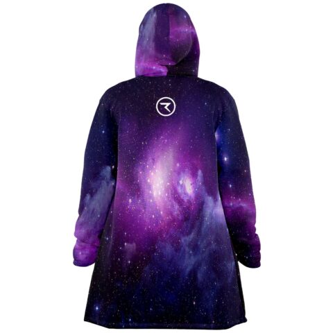 Deep purple galaxy cloak back view showing star-flecked nebula design across hood and sleeves
