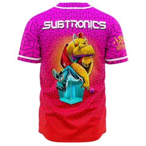 Back view showing bass-inspired cartoon creature graphic over geometric cube pattern with Subtronics text above