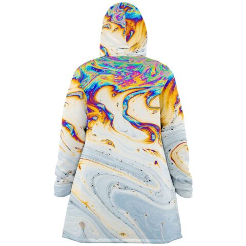 Cream iridescent soap swirl cloak straight back view showing hood detail