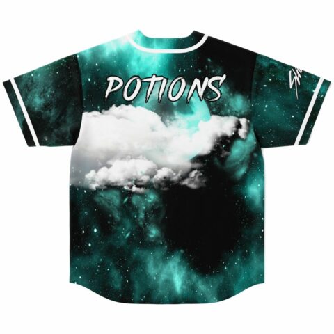 Teal galaxy print jersey back view with cloud graphic and Potions text above hem