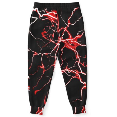 Back view of black joggers with red and white lightning bolt print