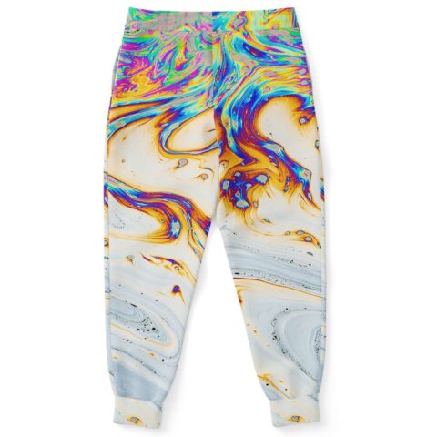 Back view of pastel white soap bubble print joggers showing rainbow marbled swirl pattern