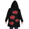 Black hooded cloak with red cloud print scattered across the back view