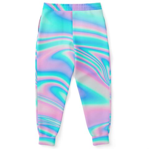Iridescent liquid swirl print joggers back view showing seamless pastel pattern flow