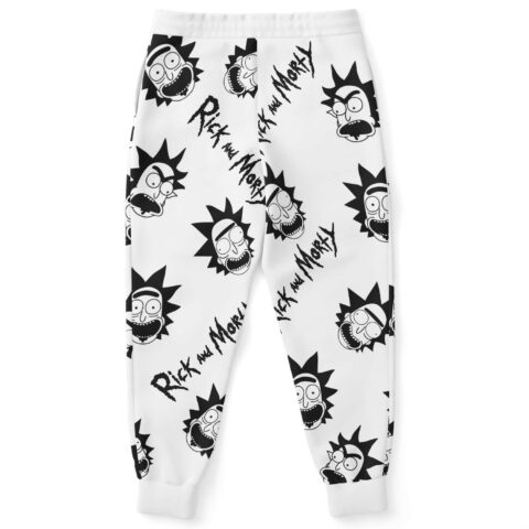 Back view of white joggers showing repeating cartoon face pattern and diagonal Rick and Morty