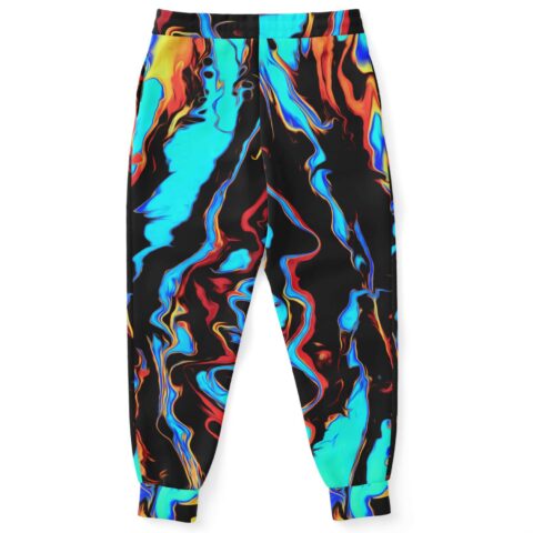 Neon acid trip joggers showing melting swirl pattern across the back and drawstring waist