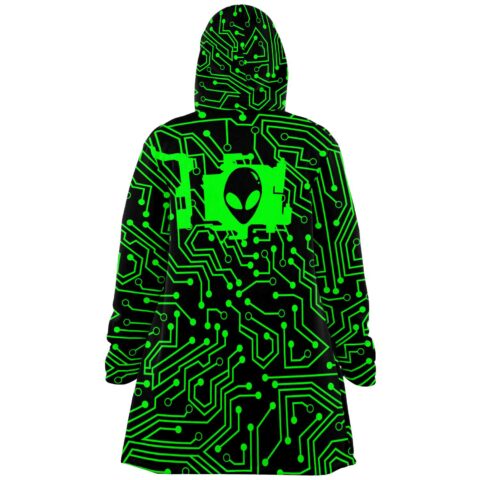 Alien head circuit board design on back of open-front hooded cloak