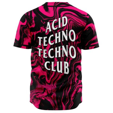 Hot pink liquid marble rave baseball jersey back view with Acid Techno Techno Club text