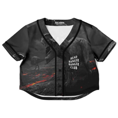 Cropped rave jersey with dinosaur graphics and fiery background design