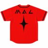 Bright red rave baseball jersey back view with bold MAL text and sharp star graphic