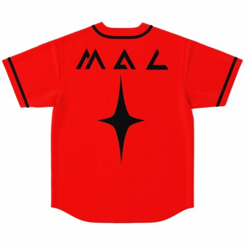 Bright red rave baseball jersey back view with bold MAL text and sharp star graphic