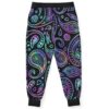 Back view of neon paisley print joggers showing pastel swirl pattern on black