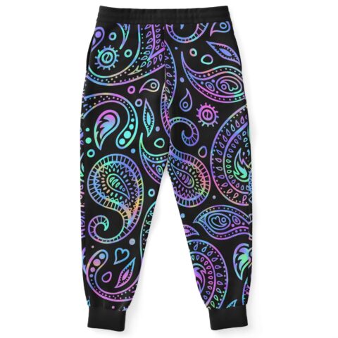 Back view of neon paisley print joggers showing pastel swirl pattern on black
