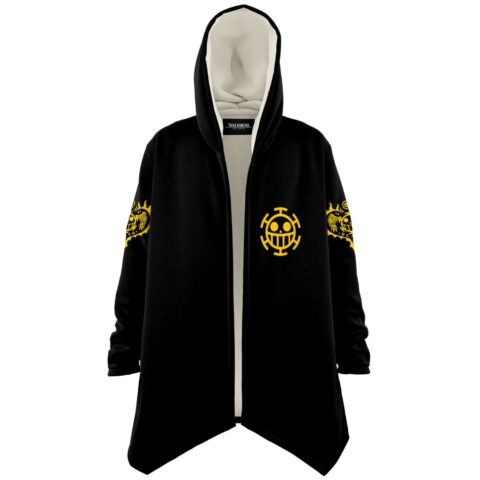 Front view of black draped skull hoodie cloak with cream fleece lining