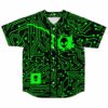 Neon green circuit board rave baseball jersey with alien head chip graphic front view