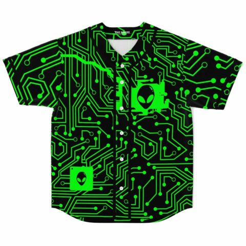 Neon green circuit board rave baseball jersey with alien head chip graphic front view