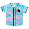 Pastel holographic swirl rave baseball jersey with smiling yin yang patch, front view