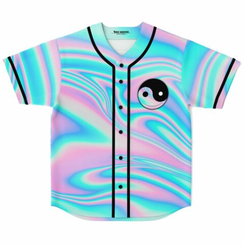 Pastel holographic swirl rave baseball jersey with smiling yin yang patch, front view