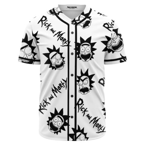 White baseball jersey with repeated spiky-haired cartoon face print and script text, front view