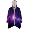 Purple galaxy rave cloak open front view revealing cream sherpa lining and cascading nebula print