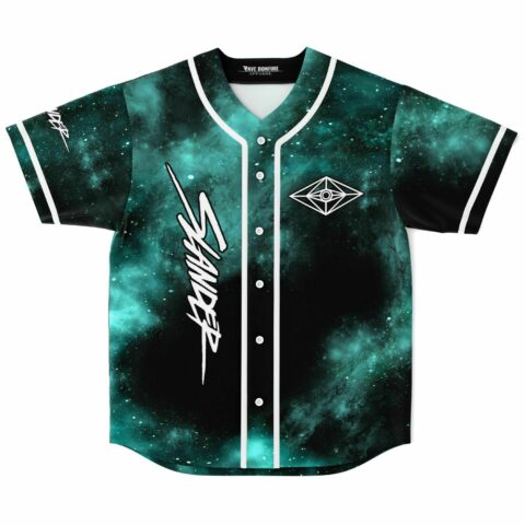 Teal cosmic nebula rave baseball jersey front view with diamond eye emblem and script logo