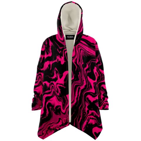 Hot pink swirling liquid rave cloak open front view with cream fleece lining
