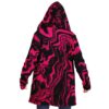 Hot pink swirling liquid rave cloak back view with hood up showing marbled pattern