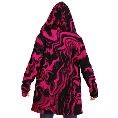 Hot pink swirling liquid rave cloak back view with hood up showing marbled pattern