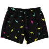 Back view of black lightning print swim trunks showing scattered neon bolt pattern