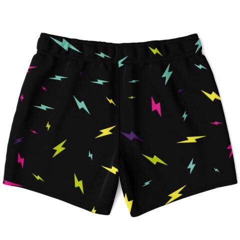 Back view of black lightning print swim trunks showing scattered neon bolt pattern