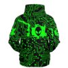 Green circuit board rave hoodie, back view highlighting the tech circuit design