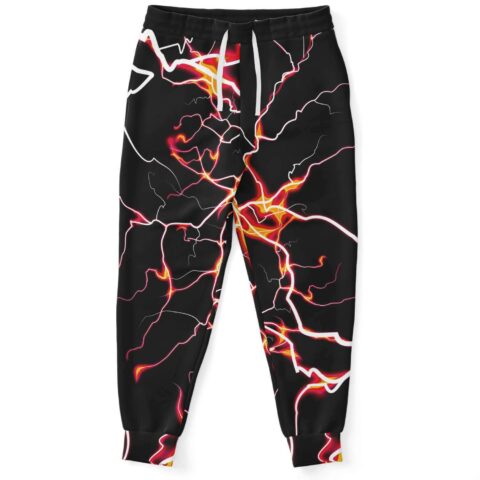 Black electric lightning rave joggers with fiery red and white bolt print laid flat