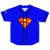 blue rave baseball jersey with red and yellow superhero shield emblem front view