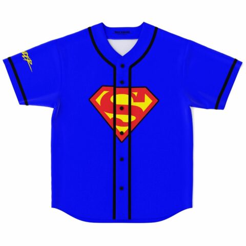 blue rave baseball jersey with red and yellow superhero shield emblem front view