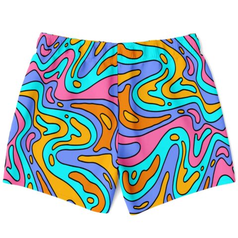 Abstract swirl pattern in pink teal and orange on rave swim trunks back view