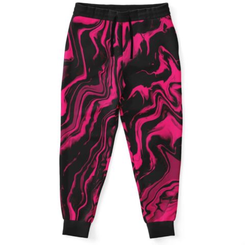 Hot pink liquid marble rave joggers with black swirl print front view