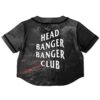 Back view of the dinosaur rave cropped baseball jersey with bold Head Banger Banger Club text and dinosaur imagery