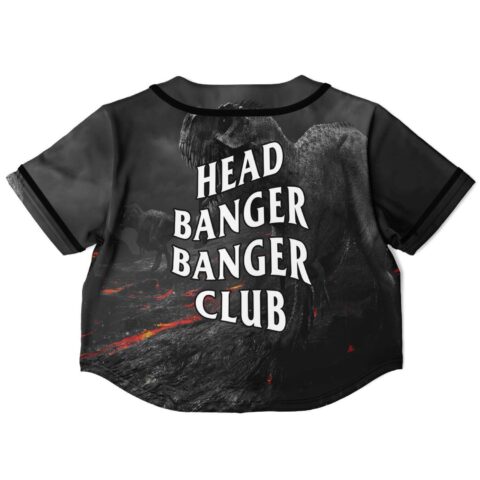 Back view of cropped jersey with bold text and dinosaur imagery