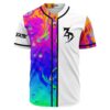 Split white psychedelic liquid rave baseball jersey with bass-inspired logo front view