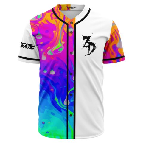 Split white psychedelic liquid rave baseball jersey with bass-inspired logo front view