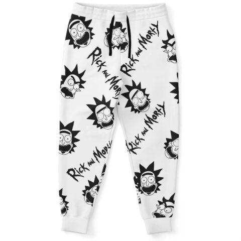 White joggers front view with wild-haired cartoon face print and Rick and Morty scribbled text