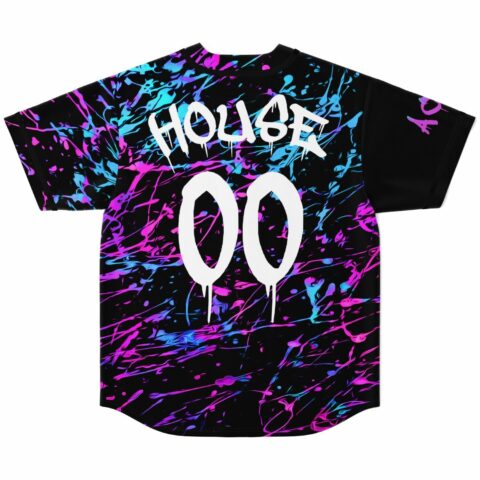 Neon paint splatter jersey back view with dripping HOUSE 00 text print