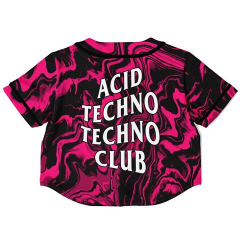 Cropped rave top with pink and black marbled design and text