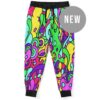Abstract groovy rave joggers with black cuffs and stained-glass swirl print flat lay front view