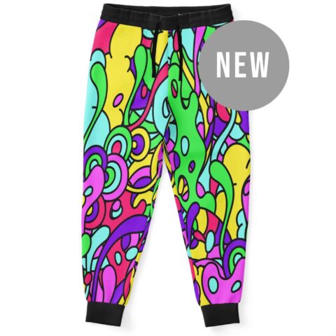 Abstract groovy rave joggers with black cuffs and stained-glass swirl print flat lay front view