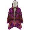 Front view of open psychedelic rave cloak showing cream fleece lining and mirrored swirl pattern