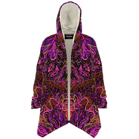 Front view of open psychedelic rave cloak showing cream fleece lining and mirrored swirl pattern