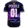 Back view of the cosmic galaxy rave baseball jersey with a custom name over the galaxy design