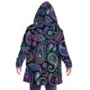 Festival-themed hooded cloak back view highlighting pastel neon paisley design on black